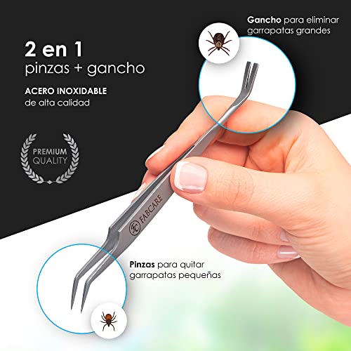 FABCARE 2 en 1 Pinza de garrapatas - Pinza y gancho elimina garrapatas - Inc. estuche, guía electrónica y tarjeta de identificación - Antigarrapatas para personas, perros y gatos - Quita garrapatas