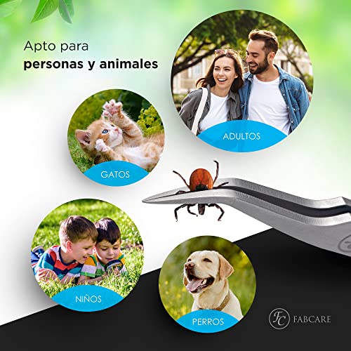 FABCARE 2 en 1 Pinza de garrapatas - Pinza y gancho elimina garrapatas - Inc. estuche, guía electrónica y tarjeta de identificación - Antigarrapatas para personas, perros y gatos - Quita garrapatas