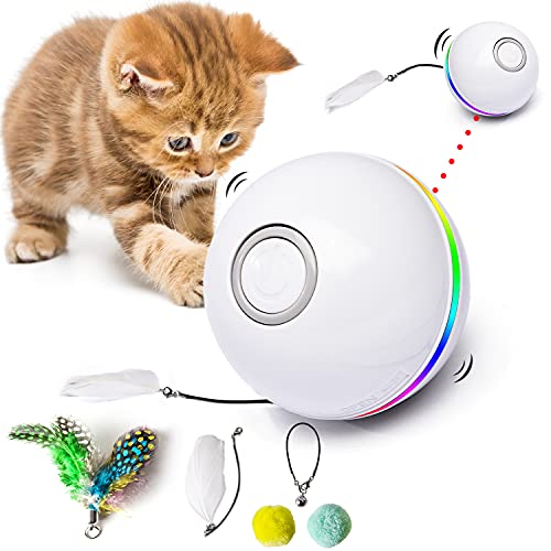 Fairwin Juguetes para Gatos Pelotas, Bolas de Gato Juguete interactivas para Gatos con Luces LED y Juguetes con Hierba Gatera para Gatos de Interior, Rotación Automática de 360 ​​Grados y Carga USB