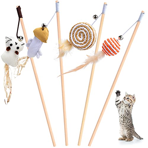 Fanshiontide 4 pcs Juguete con Pluma de Gato, Juguetes para Gatos, Varita de Plumas Naturales, Gato Juguete con Plumas, Juguete para Gato Interactivo para Ejercitar Gatos