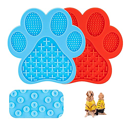 FDDD 2Pcs Alfombrilla Lamer Perros, Dispositivo de Ducha para Mascotas, Alfombrilla para Lamer Mascotas de Silicona, para Bañarse de Mascotas, Cuidado y Entrenamiento (Azul, Rojo)