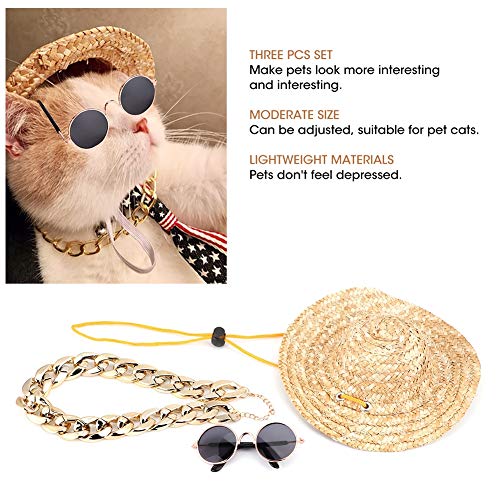 Fdit Sombrero de Paja para Mascotas Sombrero para el Sol de Verano Gorra para Perro Gafas de Sol Redondas clásicas Retro para Gato Collar Collar Cachorro Gato Accesorios para Fotos(Juego de 3 Piezas)