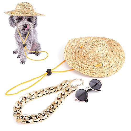 Fdit Sombrero de Paja para Mascotas Sombrero para el Sol de Verano Gorra para Perro Gafas de Sol Redondas clásicas Retro para Gato Collar Collar Cachorro Gato Accesorios para Fotos(Juego de 3 Piezas)