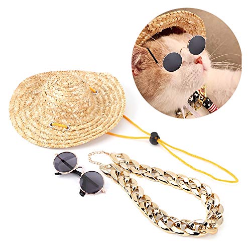 Fdit Sombrero de Paja para Mascotas Sombrero para el Sol de Verano Gorra para Perro Gafas de Sol Redondas clásicas Retro para Gato Collar Collar Cachorro Gato Accesorios para Fotos(Juego de 3 Piezas)