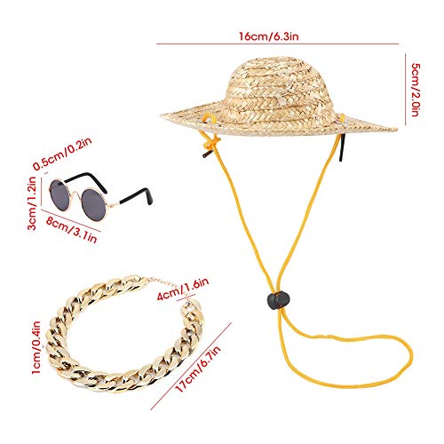 Fdit Sombrero de Paja para Mascotas Sombrero para el Sol de Verano Gorra para Perro Gafas de Sol Redondas clásicas Retro para Gato Collar Collar Cachorro Gato Accesorios para Fotos(Juego de 3 Piezas)