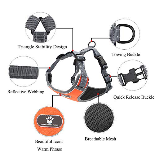 FEimaX Arnés para Perro Ajustable Pet Harness Arnes Reflectante de Malla Suave Transpirable Arnés Chaleco para Cachorros Perros Grandes Medianos Pequeños para Correr, Entrenamiento (L, Naranja)