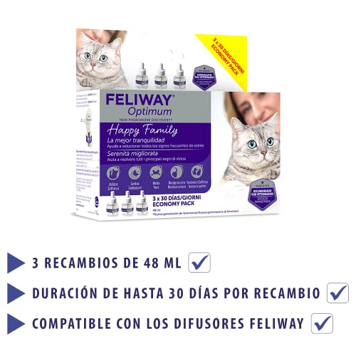 FELIWAY Optimum - Nueva Generación de Feromonas - Soluciona Todos los Signos de estrés del Gato - Arañazos, miedos, Cambios, marcaje con orina y conflictos Entre Gatos (3 recambios)