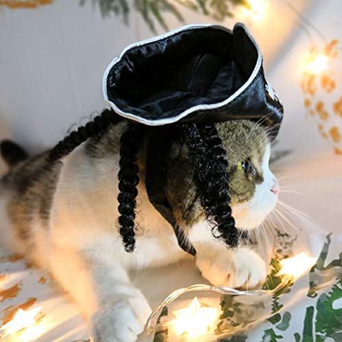 FENICAL Sombrero de Calavera Pirata Capitán de Mascotas Cosplay Gorra Blanca de Calavera de Halloween con Peluca para Gato y Cachorro