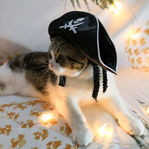 FENICAL Sombrero de Calavera Pirata Capitán de Mascotas Cosplay Gorra Blanca de Calavera de Halloween con Peluca para Gato y Cachorro