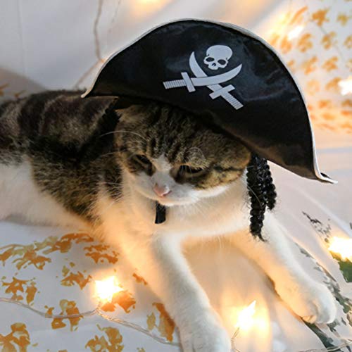 FENICAL Sombrero de Calavera Pirata Capitán de Mascotas Cosplay Gorra Blanca de Calavera de Halloween con Peluca para Gato y Cachorro