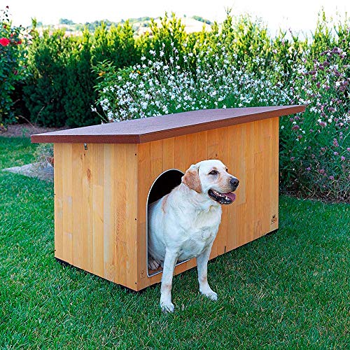 Ferplast Caseta de exterior para perros BAITA 120, Madera ecosostenible, Pies aislantes, Puerta con perfil de aluminio resistente a las mordeduras, Techo abrible, 141 x 86,5 x h 87 cm