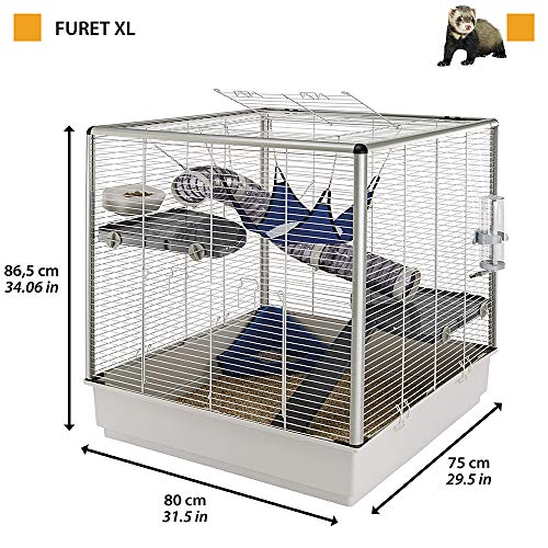 Ferplast Jaula Grande para Hurones FURET XL, Tres Niveles con Accesorios, Hamaca y Tubos para Hurones, Estructura de Alambre Pintado Gris con columnas y cubeta de plástico, 80 x 75 x h 86,5 cm