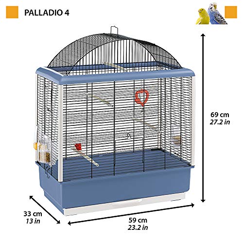 Ferplast Jaula para Canarios y Otros pequeños pájaros exóticos PALLADIO 4 con Accesorios y comederos giratorios, Alambre Pintado Negro con Marco y cubeta de plástico Azul Marino, 59 x 33 x h 69 cm