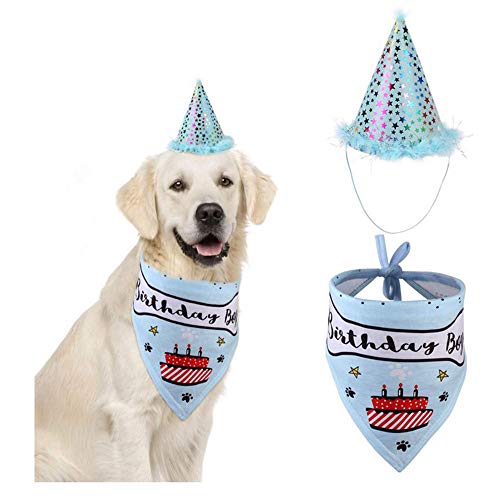 Fleymu Perros Pañuelo de Feliz con Sombrero Mascotas Poliéster Traje Cumpleaños Regalo Gorro Gatos Set Adorable Bufanda Triangular Conjunto para Fuentes la Fiesta Cumpleaños de los Cachorros (Azul)