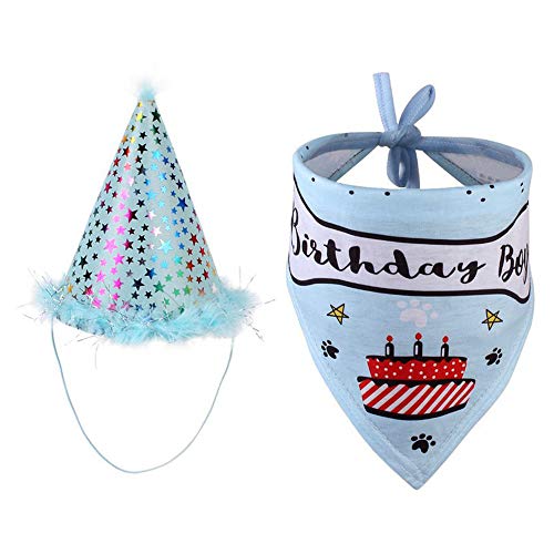 Fleymu Perros Pañuelo de Feliz con Sombrero Mascotas Poliéster Traje Cumpleaños Regalo Gorro Gatos Set Adorable Bufanda Triangular Conjunto para Fuentes la Fiesta Cumpleaños de los Cachorros (Azul)