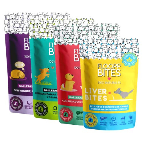 FlooppBITES Chuches para Perros - Snacks para Perro - Galletas Perro 100% Naturales - Premios y golosinas - Alimento complementario Perros - Pack Variedades x 4 (Total 340gr.)