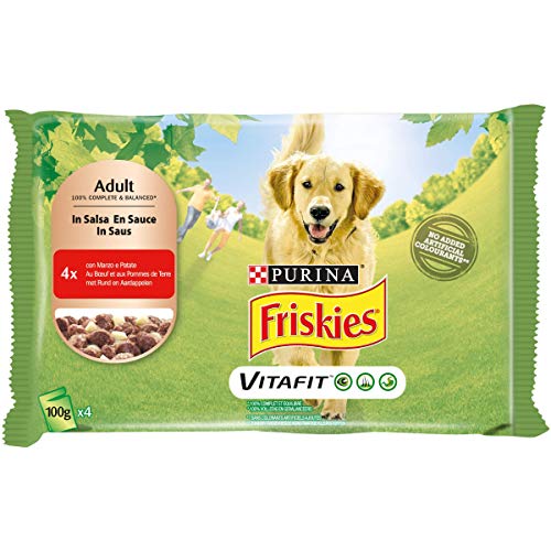 Friskies PURINA Húmedo Perros Botes en Salsa con Carne y Patatas - 40 Sobres de 100 g Cada uno (10 Unidades de 4 x 100 g)