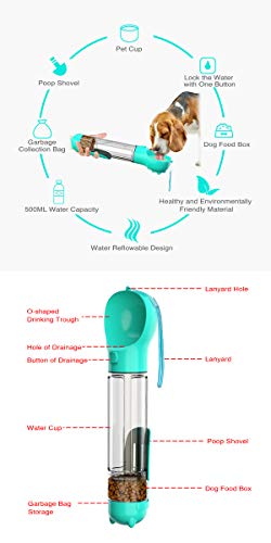 FTRONGRT Botella de Agua para Perro para Caminar, Caja de Comida para Perros, Pala para Caca y Bolsa de Recolección de Basura Taza Multifuncional Integrada para Mascotas al Aire Libre.500 ML Lago Azul