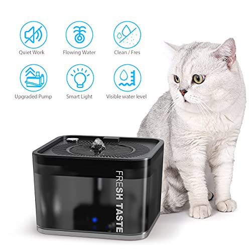 Fuente para Gatos y Perros, Bebedero Mascotas Silencia con Ventana de Nivel Agua, Automático Fuente de Agua con 2 Filtros de Carbón Activado Luz LED (2.5L)