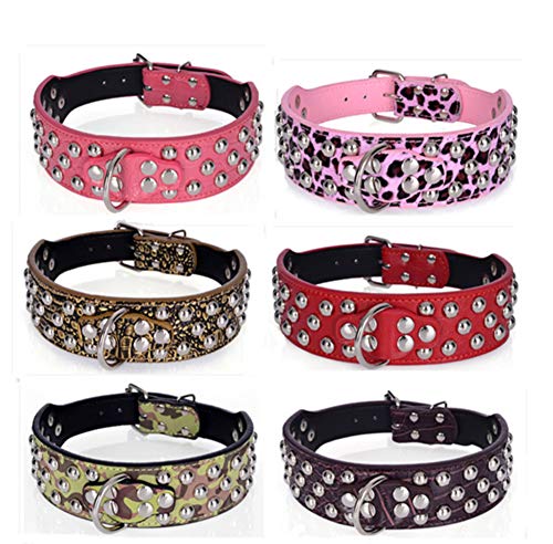 Fully Cuero de PU Cachorro de Perro Collares Gargantilla Collar Espigas Tachonado Ajustable Labrador Husky 5cm de Ancho (L: Cuello: 51-59cm / 20.07-23.22", Leopardo Rosado)