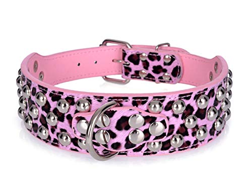 Fully Cuero de PU Cachorro de Perro Collares Gargantilla Collar Espigas Tachonado Ajustable Labrador Husky 5cm de Ancho (L: Cuello: 51-59cm / 20.07-23.22", Leopardo Rosado)