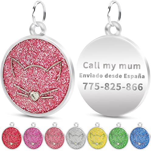 FUSIYU Chapa Gato Grabada, 25 x 25 mm Chapa para Gato, Mascotas Etiquetas de Gato Personalizada Grabado para Collar Gato Mascota Grabada Brillantitos Aleación de Zinc, Ronda, Rosa