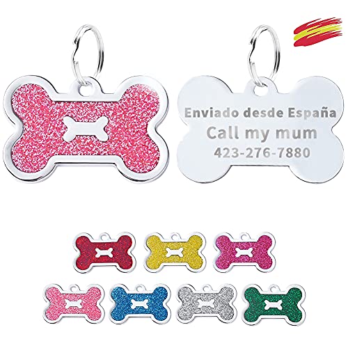 FUSIYU Placa Chapa Medalla, Etiquetas de Identificación de Mascotas Etiquetas de Perro Personalizada Grabado para Collar Perro Gato Mascota Grabada Brillantitos Aleación de Zinc, Hueso, Rosa