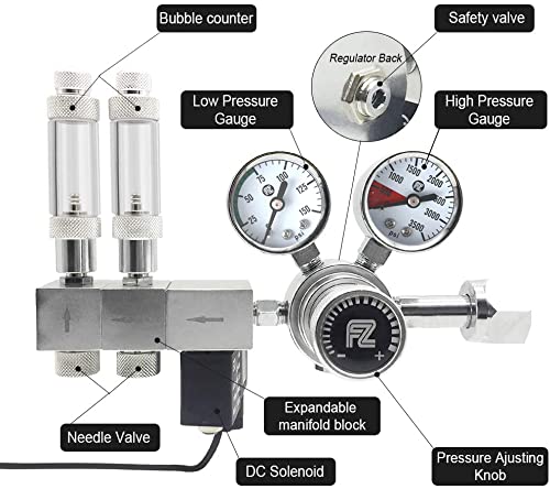 FZONE Acuario Pro Series Regulador de CO2 de Doble Etapa Presión de Salida Ajustable con solenoide CC, válvula de Aguja de Alta precisión integrada y Contador de Burbujas