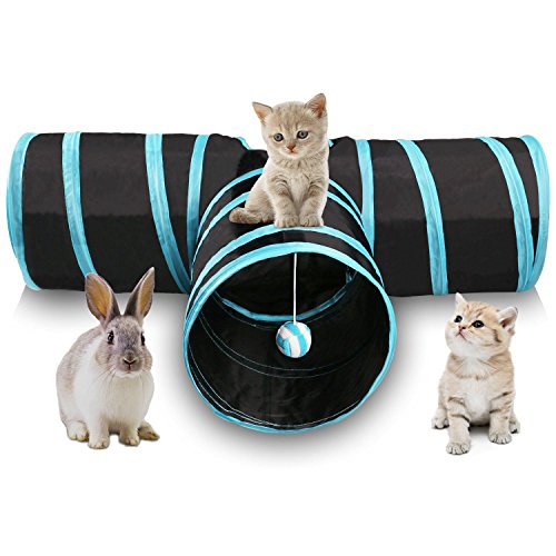 Gaetooely Tunel de Gato de 3 Maneras Juego de Gato Plegable para Mascotas Tunel con Bola Que Suena, Tubo de Diversion Espacioso para Gato Perrito Gatito Azul + Negro