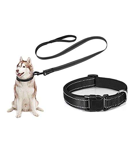 Gazzyshop-[Mejora]collar perro+Correa de perro|Correa de nailon para perros|collar perro pequeño/mediano|collar para perros|Reflectante collar perro|1.2mCorrea de perro negra