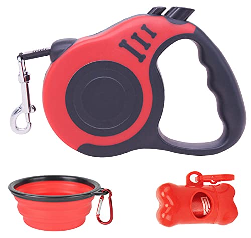 Genérico Correa Extensible Perro pequeño. Bebedero Plegable Perro. Pack Correa Extensible más Bebedero Portable más dispensador Bolsas excrementos. (Rojo)