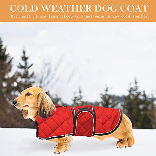 Geyecete Abrigo térmico de Invierno para Perro Salchicha,con Forro Polar cálido,Impermeable Ropa al Aire Libre con Bandas Ajustables e Agujero del arnés,para medianos/pequeña Perros - Rojo-L