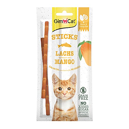 GimCat Superfood Duo-Sticks salmón y Mango - Suave Snack para Masticar con un Alto Contenido de Carne y vitaminas - 24 Paquetes (24 x 3 Sticks)