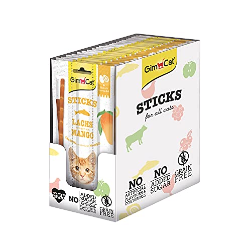 GimCat Superfood Duo-Sticks salmón y Mango - Suave Snack para Masticar con un Alto Contenido de Carne y vitaminas - 24 Paquetes (24 x 3 Sticks)