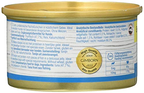 GimDog Pure Delight, atún - Snack para perros rico en proteínas, con pescado tierno en deliciosa gelatina - 12 latas (12 x 85 g)