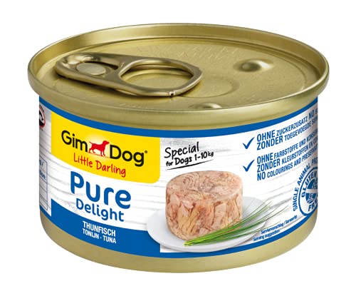 GimDog Pure Delight, atún - Snack para perros rico en proteínas, con pescado tierno en deliciosa gelatina - 12 latas (12 x 85 g)