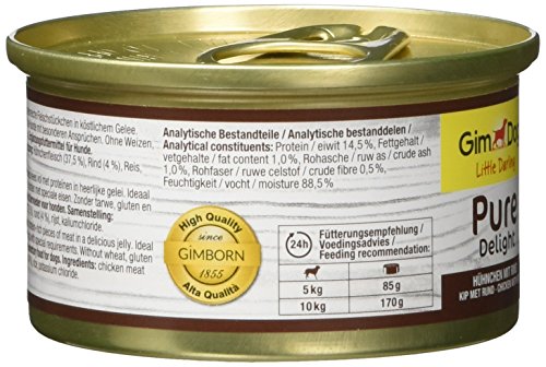 GimDog Pure Delight, pollo con vacuno - Snack para perros rico en proteínas, con carne tierna en deliciosa gelatina - 12 latas (12 x 85 g)