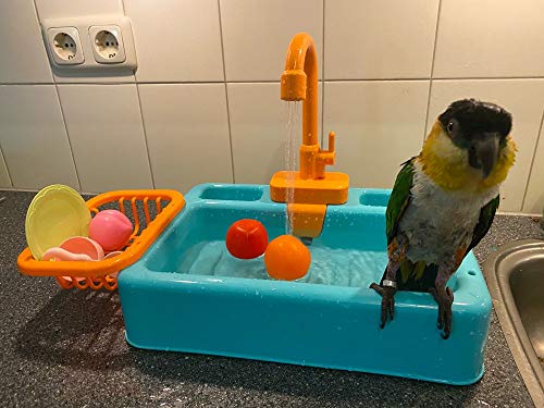 Gobabo Bañera para pájaros loros piscina bañera comedero para pájaros Tazón automático para mascotas con grifo ducha para pájaros Bañera (azul)