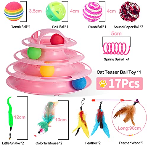 Goopow 17 Juguetes para Gatos, Juguetes interactivos para Gatos de Interior Bola de Juguete con Ruedas de 4 Capas con 4 Bolas de Colores y un Juguete para Gatos con Plumas de Campana (Rosado)