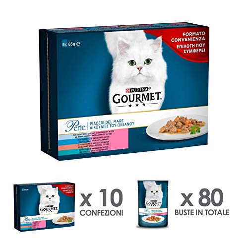 Gourmet Perle Alimento para el Gato, Piaceri del Mar con Salmón, platessa imantado, y Pescado Océano, 8 x 85 g – Pack de 10 Unidades