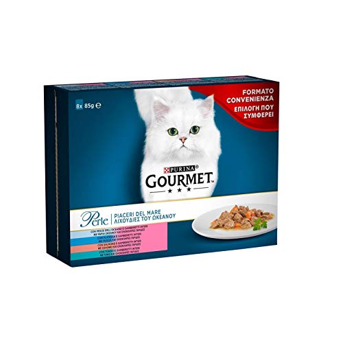 Gourmet Perle Alimento para el Gato, Piaceri del Mar con Salmón, platessa imantado, y Pescado Océano, 8 x 85 g – Pack de 10 Unidades