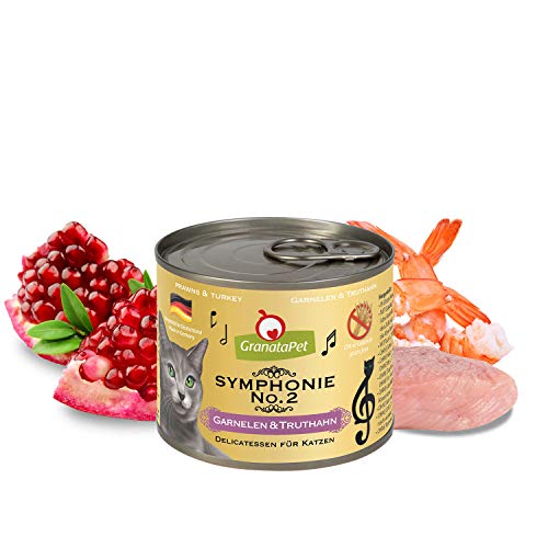 GranataPet Symphonie No. 2 gambas y Pavo, alimento para Gatos sin Cereales ni azúcares, Filet en Jalea Natural, Delicado alimento húmedo para Gatos, 6 x 200 g