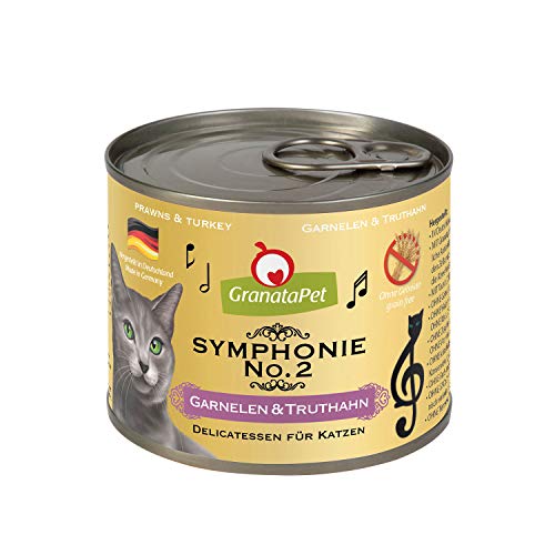 GranataPet Symphonie No. 2 gambas y Pavo, alimento para Gatos sin Cereales ni azúcares, Filet en Jalea Natural, Delicado alimento húmedo para Gatos, 6 x 200 g