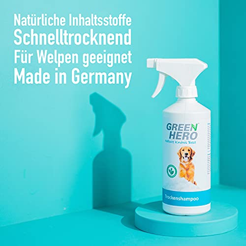 Green Hero Champú seco para perros en espray 500 ml natural para limpieza – Elimina la suciedad de secado rápido – Perfecto para una limpieza rápida