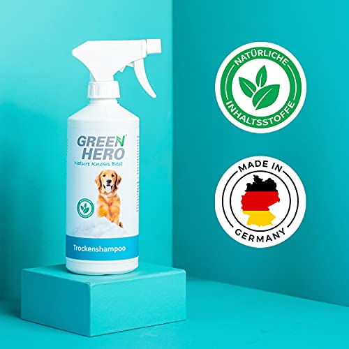 Green Hero Champú seco para perros en espray 500 ml natural para limpieza – Elimina la suciedad de secado rápido – Perfecto para una limpieza rápida