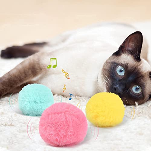 GUOJFEN Juguetes interactivos para Gatos de 3 Piezas para Gatos de Interior, Juguete electrónico con Hierba gatera, pájaro, Rana, grillo, Sonido Que chirría, Pelotas de Felpa para perseguir