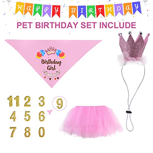 HACRAHO Sombrero de bandana de cumpleaños para perro, 3 piezas de sombrero de bandana para perro, falda tutú con 0-8 figuras, bandana de cumpleaños para niña con sombrero de corona