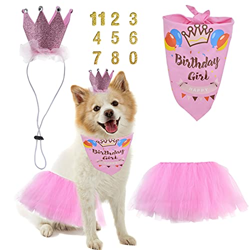 HACRAHO Sombrero de bandana de cumpleaños para perro, 3 piezas de sombrero de bandana para perro, falda tutú con 0-8 figuras, bandana de cumpleaños para niña con sombrero de corona