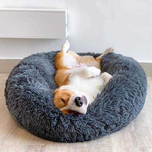 HANHAN Cama para perro de piel sintética grande con forma de donut redondo para mascotas, cojín suave, cálida cama para perro Golden Retriever, perro alemán, gris oscuro, 110 cm