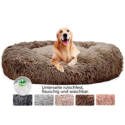 Haoye Cama Perro Grande Suave Gato, Cama Perros Redonda cojín Gatos sofá para Perros Donut, Perro Gato Mascota Colchón Lavable, para Perro Grande - Brown Ø 110cm